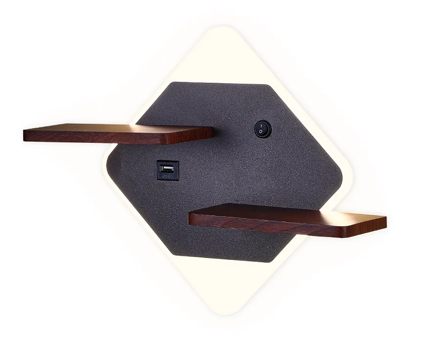 Настенный светодиодный светильник с выключателем, USB портом и полкой FW101 CF/WD кофе/дерево LED 3000K/4200K/6400K 12W 340*250*105 Ambrella Light
